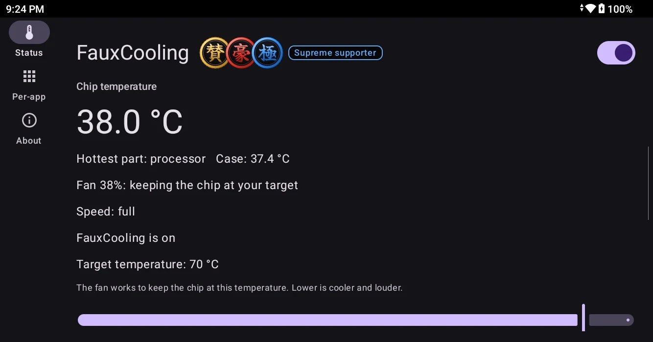 The status page at rest: chip temperature 37.5 degrees Celsius, fan at 38 percent, speed full, target temperature 70.