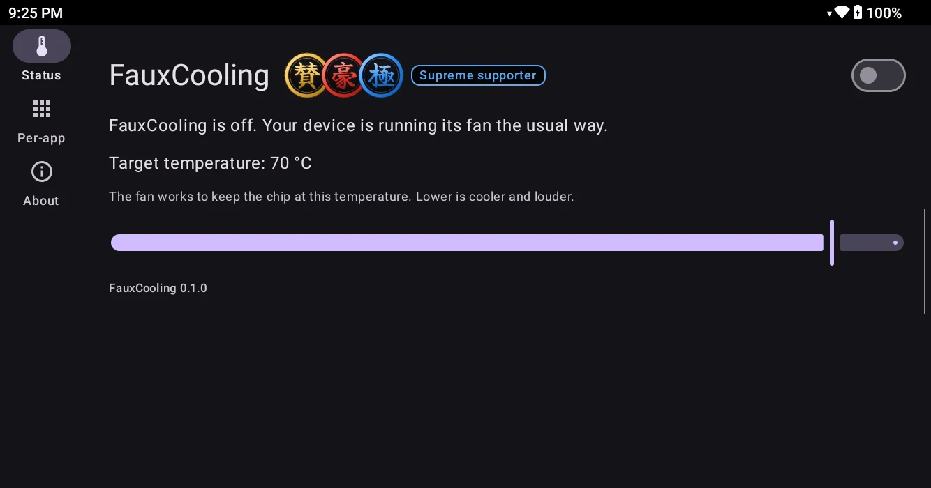 The status page with the switch off. It reads: FauxCooling is off. Your device is running its fan the usual way.