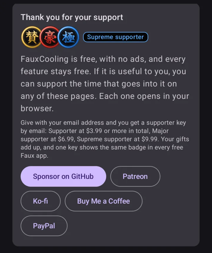 The support card on the About page with a supporter key applied: three badges, the words Supreme supporter, the three supporter levels, and buttons for GitHub Sponsors, Patreon, Ko-fi, Buy Me a Coffee, and PayPal.