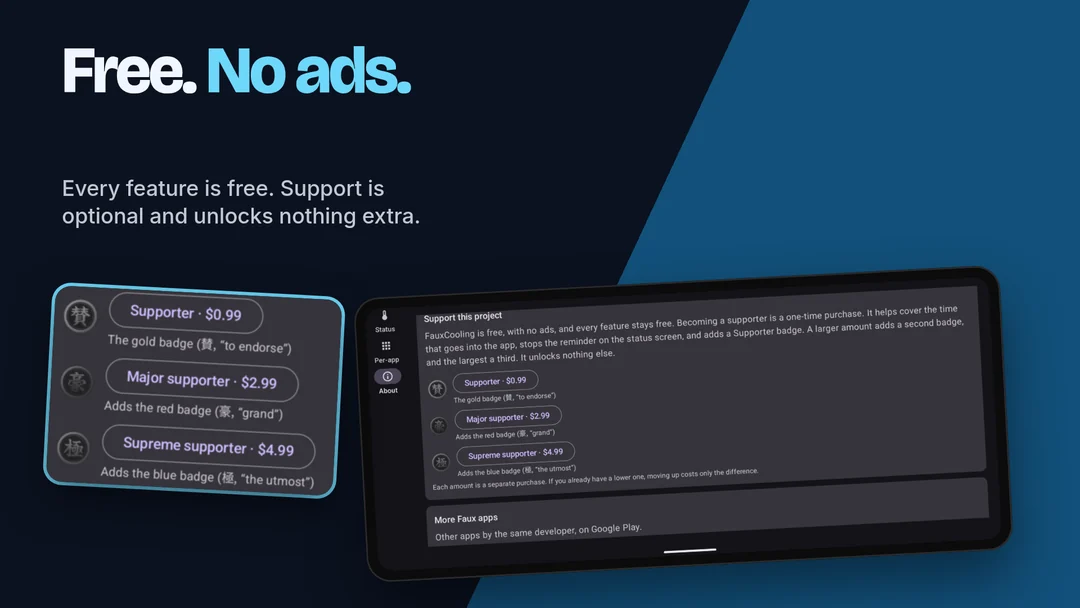 Free. No ads. Every feature is free. Support is optional and unlocks nothing extra.
